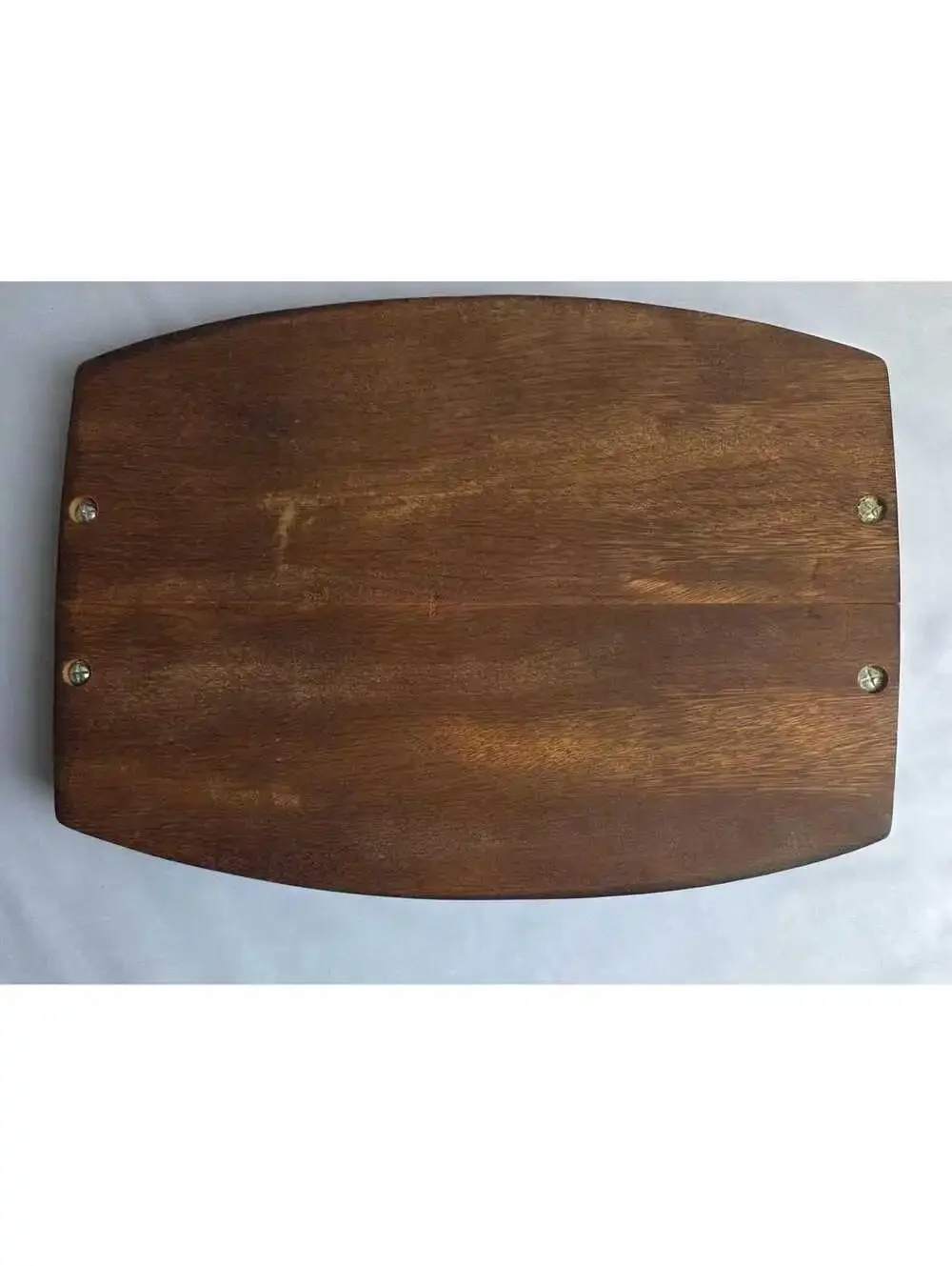 Vintage Wooden Serving Tray w/ Metal Handles Carved Design Solid Wood